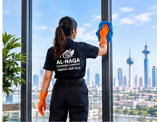 AL-NAQA cleaner cleaning high-rise window overlooking Kuwait Towers