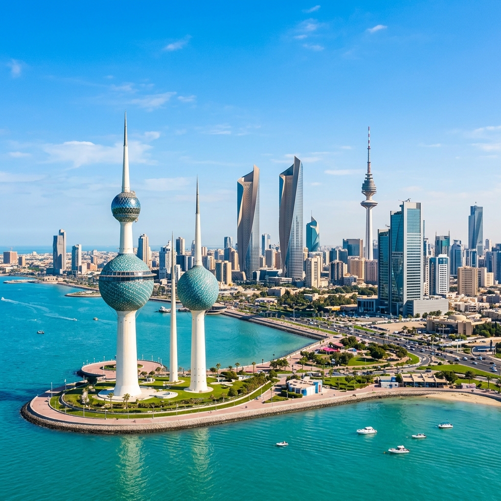 Kuwait City Skyline and iconic Kuwait Towers - شركة النقاء لخدمات التنظيف بالكويت